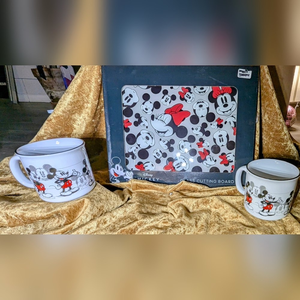 NWT Two Disney Mickey Mouse Mugs and Glass Cutting Board Set - Red, Black, White
